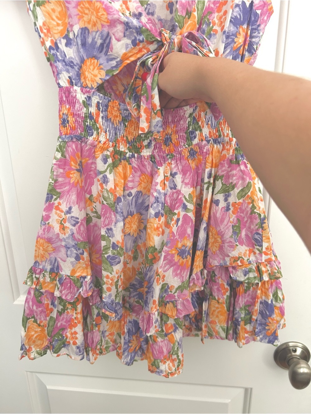 Angel Biba Pink Orange Floral Tie Front Cut Out Tiered Dress - Picture 3 of 4